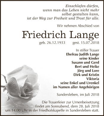 Traueranzeige von Friedrich Lange von Super Sonntag SGH Mansf. Land