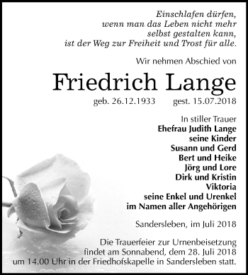 Traueranzeige von Friedrich Lange von Mitteldeutsche Zeitung