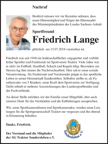 Traueranzeige von Friedrich Lange von Mitteldeutsche Zeitung
