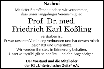 Traueranzeige von Friedrich Karl Kößling von Mitteldeutsche Zeitung Zeitz