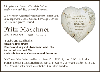 Traueranzeige von Fritz Maschner von WVG - Wochenspiegel Dessau / Köthen