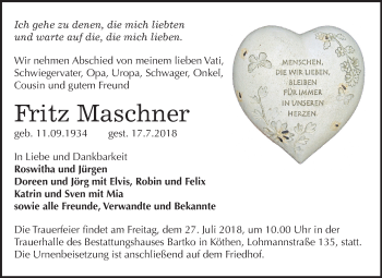 Traueranzeige von Fritz Maschner von Mitteldeutsche Zeitung