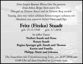 Traueranzeige von Fritz Staadt von Mitteldeutsche Zeitung Quedlinburg