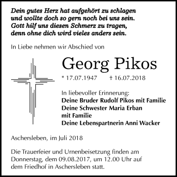 Traueranzeige von Georg Pikos von Mitteldeutsche Zeitung Aschersleben