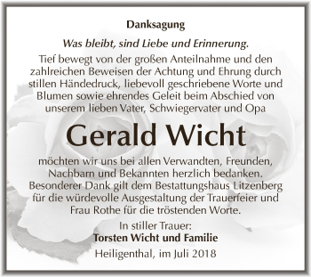 Traueranzeige von Gerald Wicht von Wochenspiegel Mansfelder Land