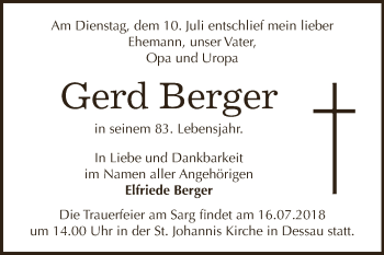 Traueranzeige von Gerd Berger von WVG - Wochenspiegel Dessau / Köthen