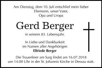 Traueranzeige von Gerd Berger von Mitteldeutsche Zeitung