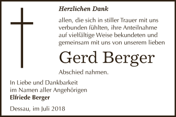Traueranzeige von Gerd Berger von WVG - Wochenspiegel Dessau / Köthen