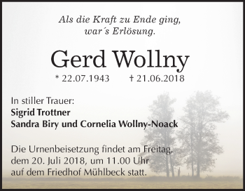 Traueranzeige von Gerd Wollny von Mitteldeutsche Zeitung Bitterfeld