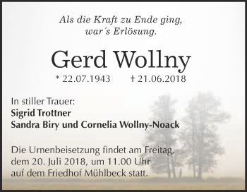 Traueranzeige von Gerd Wollny von WVG - Wochenspiegel Bitterfeld