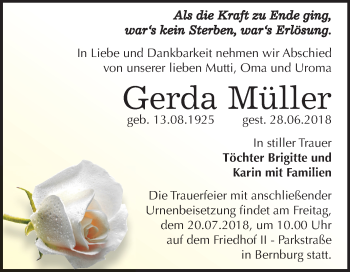 Traueranzeige von Gerda Müller von Mitteldeutsche Zeitung Bernburg