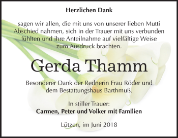 Traueranzeige von Gerda Thamm von Mitteldeutsche Zeitung Weißenfels