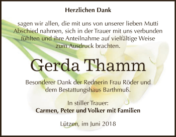 Traueranzeige von Gerda Thamm von WVG - Wochenspiegel NMB / WSF / ZTZ