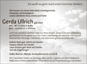 Traueranzeige von Gerda Ullrich von WVG - Wochenspiegel SGH