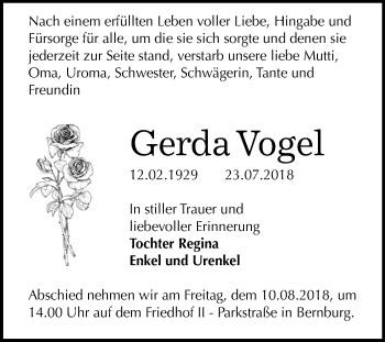 Traueranzeige von Gerda Vogel von Mitteldeutsche Zeitung Bernburg