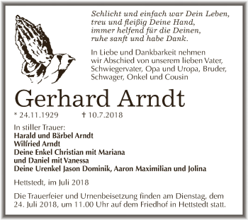 Traueranzeige von Gerhard Arndt von Wochenspiegel Mansfelder Land