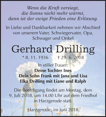 Traueranzeige von Gerhard Drilling von Mitteldeutsche Zeitung Quedlinburg