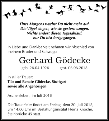 Traueranzeige von Gerhard Gödecke von Mitteldeutsche Zeitung Aschersleben