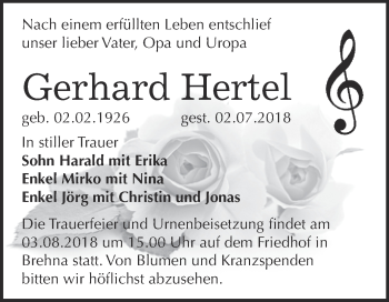 Traueranzeige von Gerhard Hertel von WVG - Wochenspiegel Bitterfeld