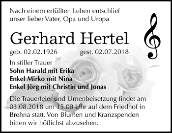 Traueranzeige von Gerhard Hertel von Mitteldeutsche Zeitung Bitterfeld