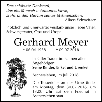 Traueranzeige von Gerhard Meyer von Mitteldeutsche Zeitung Aschersleben
