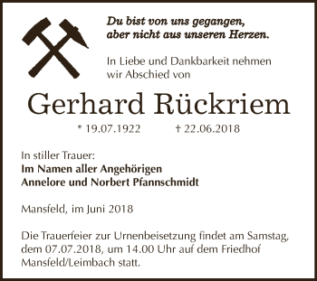 Traueranzeige von Gerhard Rückriem von Wochenspiegel Mansfelder Land