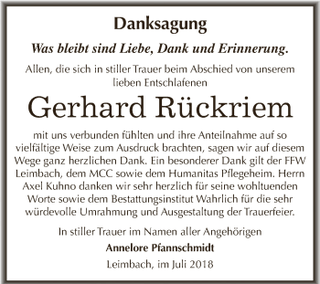 Traueranzeige von Gerhard Rückriem von Wochenspiegel Mansfelder Land