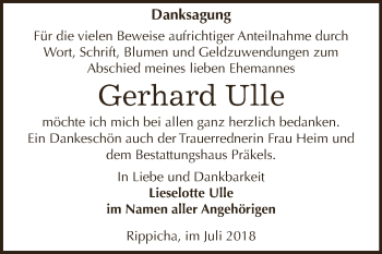 Traueranzeige von Gerhard Ulle von Super Sonntag Zeitz