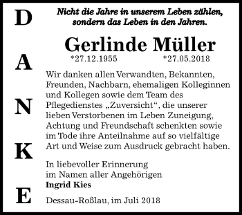 Traueranzeige von Gerlinde Müller von Mitteldeutsche Zeitung Dessau-Roßlau