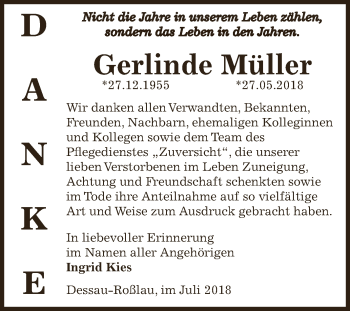 Traueranzeige von Gerlinde Müller von WVG - Wochenspiegel Dessau / Köthen