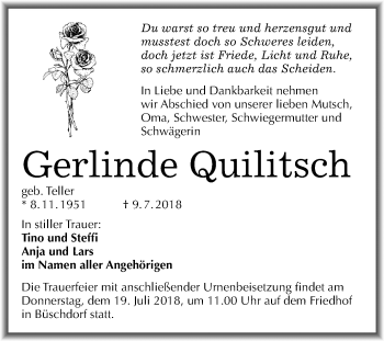 Traueranzeige von Gerlinde Quilitsch von Mitteldeutsche Zeitung Halle/Saalkreis