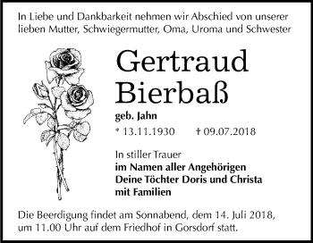 Traueranzeige von Gertraud Bierbaß von Mitteldeutsche Zeitung