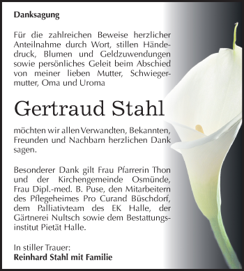 Traueranzeige von Gertraud Stahl von Mitteldeutsche Zeitung Halle/Saalkreis
