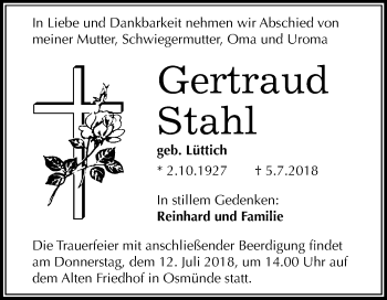Traueranzeige von Gertraud Stahl von Mitteldeutsche Zeitung Halle/Saalkreis