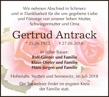 Traueranzeige von Gertrud Antrack von Super Sonntag SGH Mansf. Land