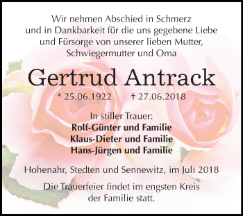 Traueranzeige von Gertrud Antrack von Mitteldeutsche Zeitung