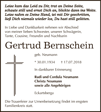 Traueranzeige von Gertrud Bernschein von WVG - Wochenspiegel NMB / WSF / ZTZ