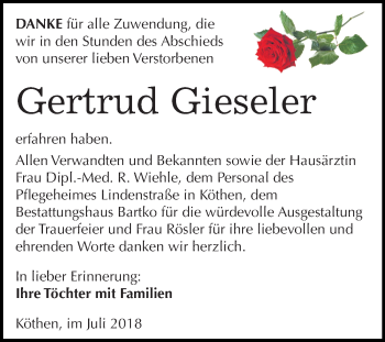 Traueranzeige von Gertrud Gieseler von Mitteldeutsche Zeitung Köthen