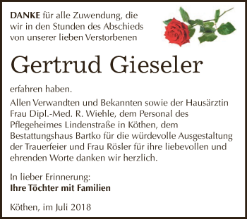 Traueranzeige von Gertrud Gieseler von WVG - Wochenspiegel Dessau / Köthen