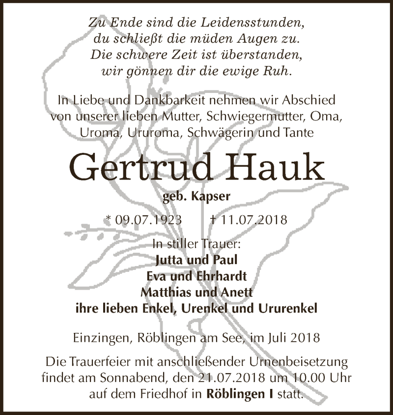  Traueranzeige für Gertrud Hauk vom 18.07.2018 aus Wochenspiegel Mansfelder Land