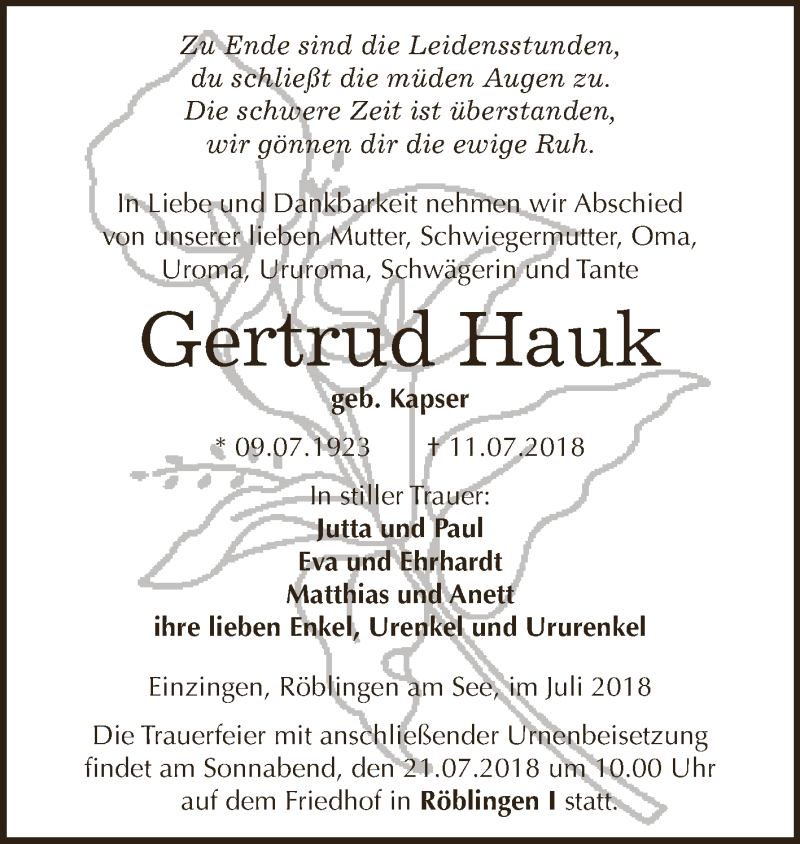  Traueranzeige für Gertrud Hauk vom 18.07.2018 aus WVG - Wochenspiegel SGH