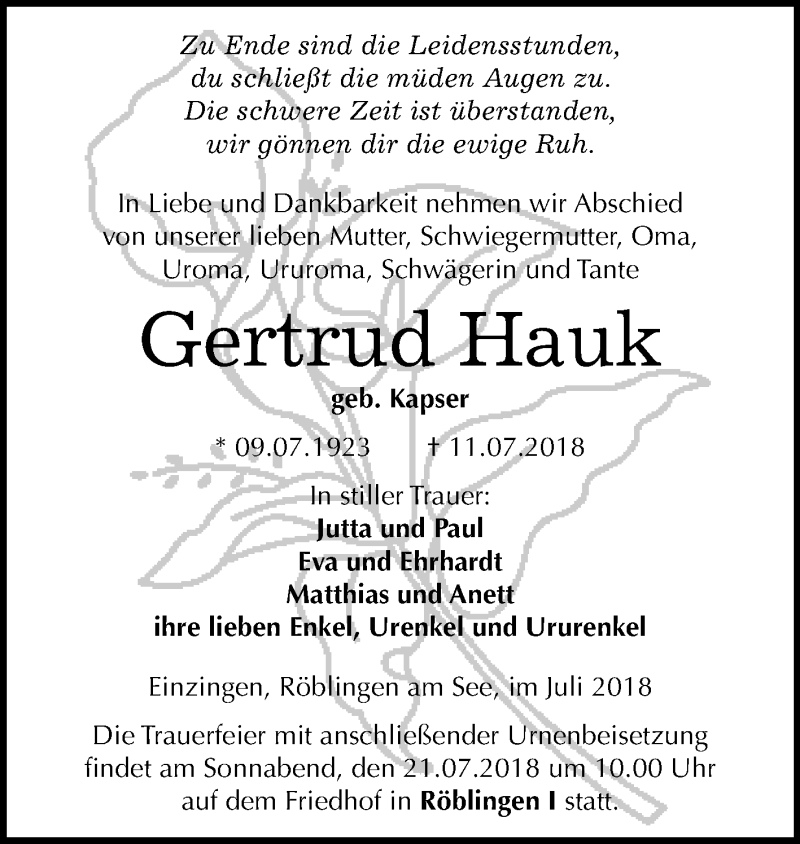  Traueranzeige für Gertrud Hauk vom 18.07.2018 aus Mitteldeutsche Zeitung Sangerhausen