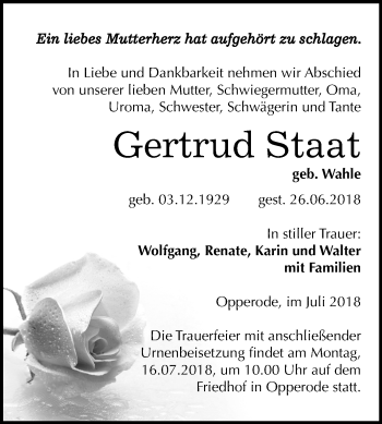 Traueranzeige von Gertrud Staat von Mitteldeutsche Zeitung Quedlinburg