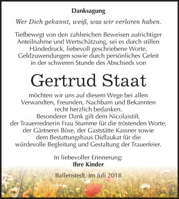 Traueranzeige von Gertrud Staat von Mitteldeutsche Zeitung Quedlinburg