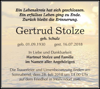 Traueranzeige von Gertrud Stolze von Mitteldeutsche Zeitung