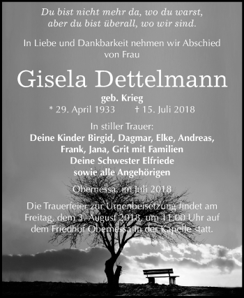 Traueranzeige von Gisela Dettelmann von Mitteldeutsche Zeitung Weißenfels