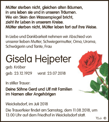 Traueranzeige von Gisela Hejpeter von Super Sonntag Zeitz