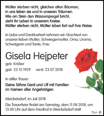 Traueranzeige von Gisela Hejpeter von Mitteldeutsche Zeitung Zeitz