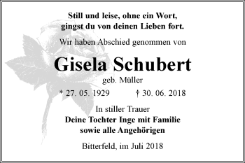 Traueranzeige von Gisela Schubert von Mitteldeutsche Zeitung Bitterfeld