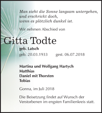 Traueranzeige von Gitta Todte von Mitteldeutsche Zeitung Sangerhausen